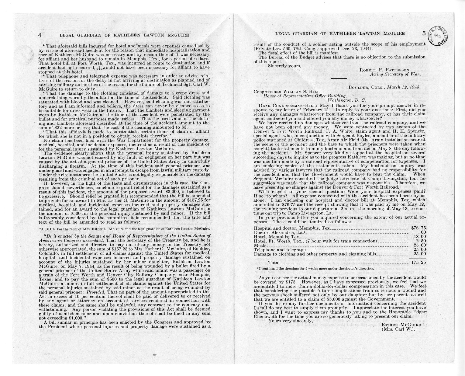Memorandum from Frederick J. Bailey to M. C. Latta, H. R. 2670, For the Relief of the Legal Guardian of Kathleen Lawton McGuire, with Attachments