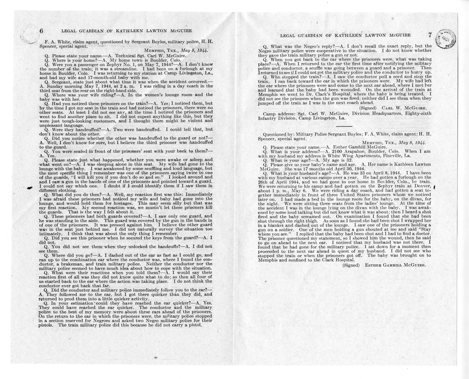 Memorandum from Frederick J. Bailey to M. C. Latta, H. R. 2670, For the Relief of the Legal Guardian of Kathleen Lawton McGuire, with Attachments