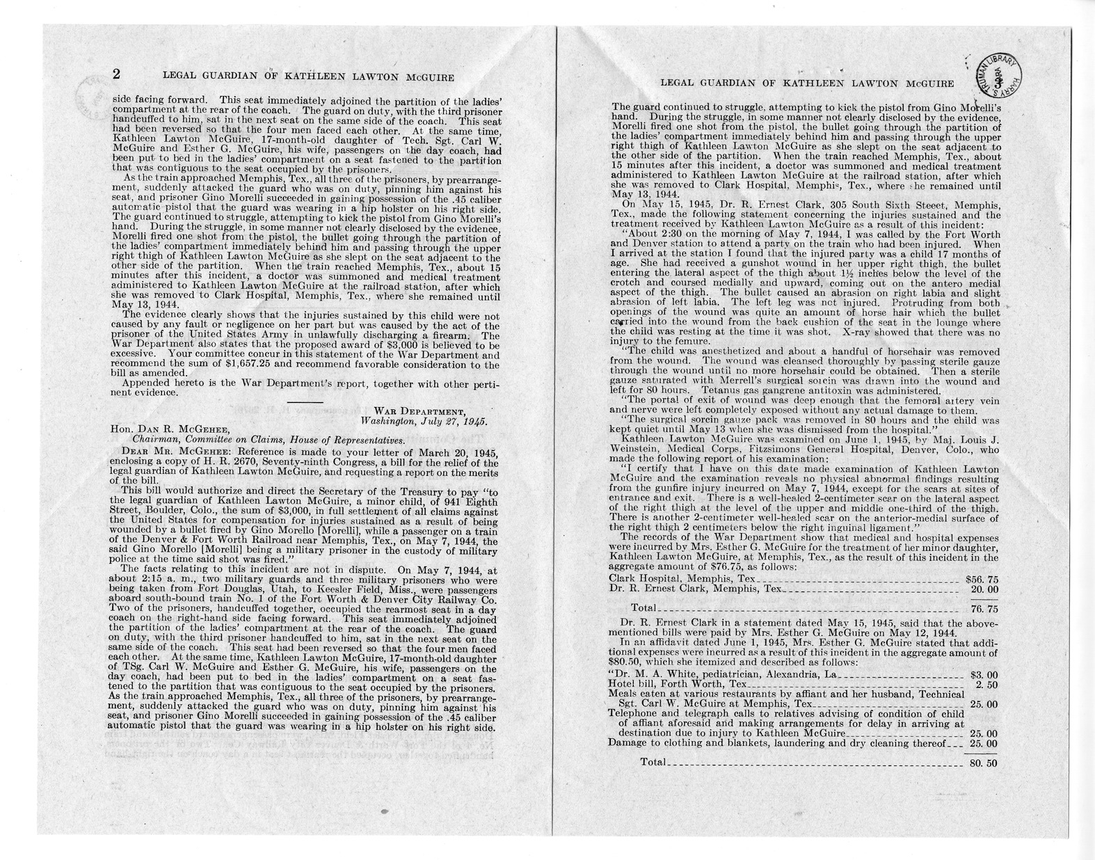 Memorandum from Frederick J. Bailey to M. C. Latta, H. R. 2670, For the Relief of the Legal Guardian of Kathleen Lawton McGuire, with Attachments