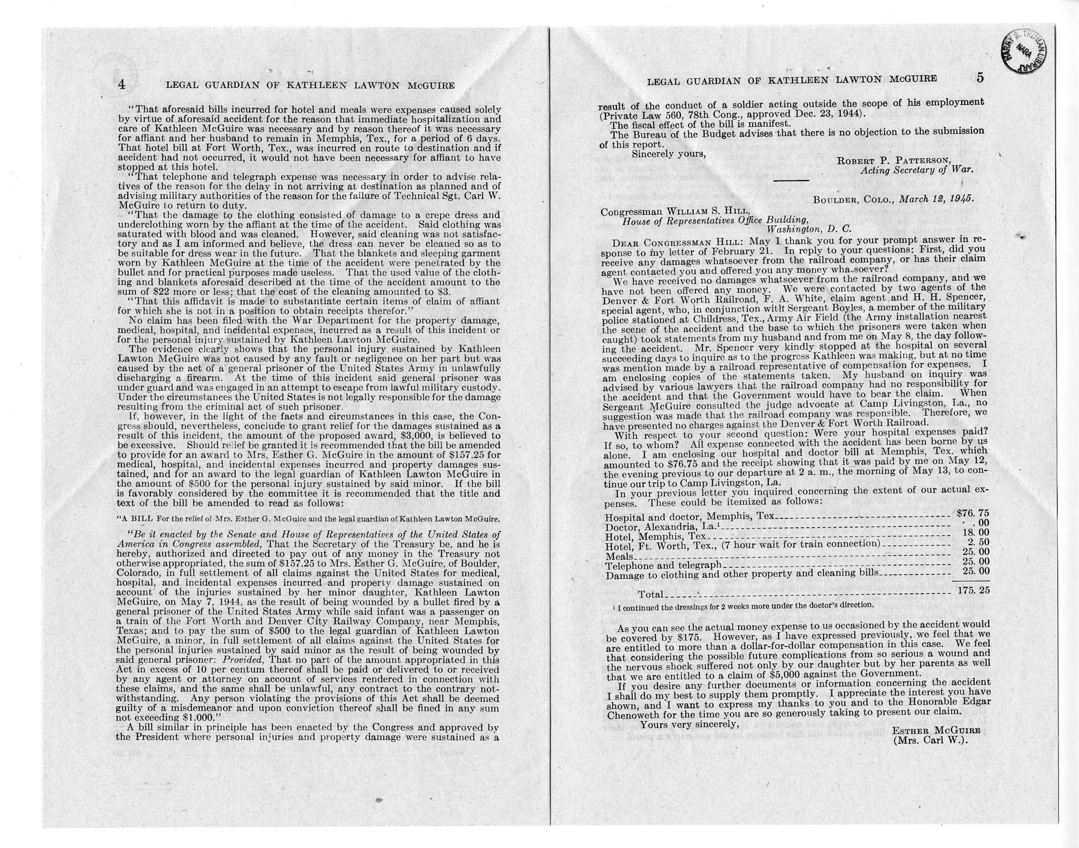 Memorandum from Frederick J. Bailey to M. C. Latta, H. R. 2670, For the Relief of the Legal Guardian of Kathleen Lawton McGuire, with Attachments