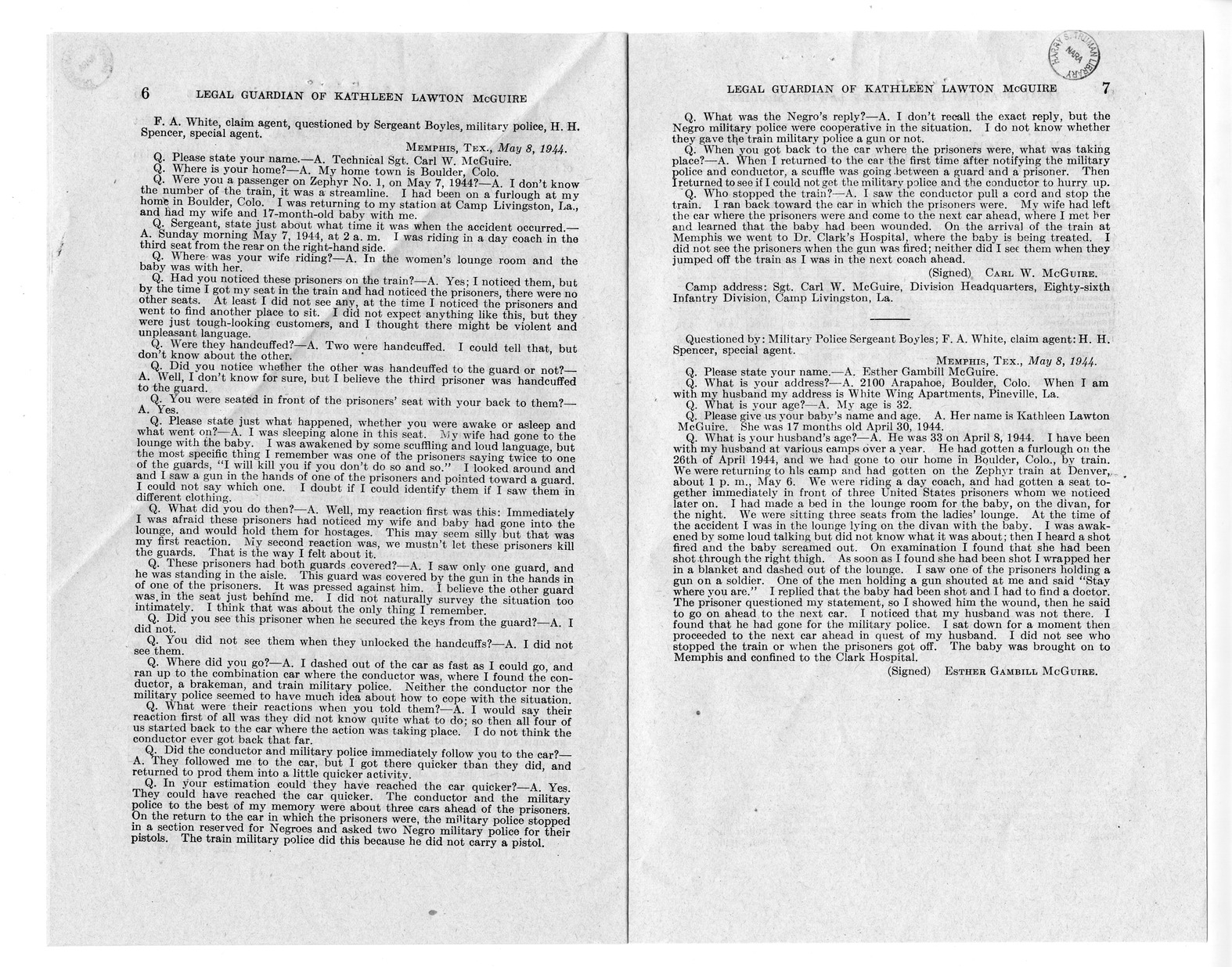 Memorandum from Frederick J. Bailey to M. C. Latta, H. R. 2670, For the Relief of the Legal Guardian of Kathleen Lawton McGuire, with Attachments