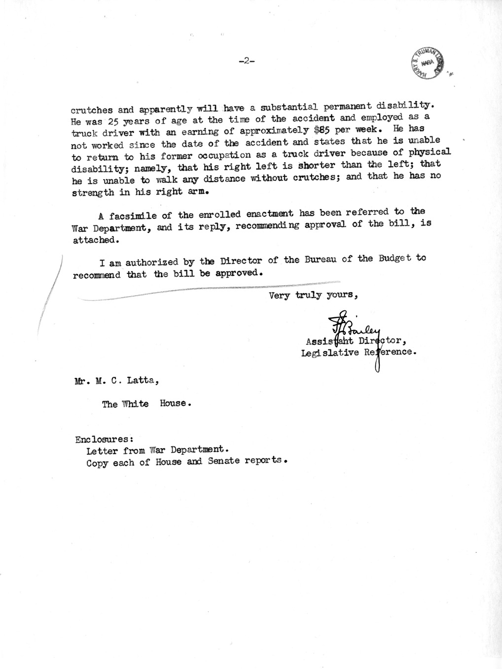 Memorandum from Frederick J. Bailey to M. C. Latta, H. R. 3904, For the Relief of Raymond C. Campbell, with Attachments