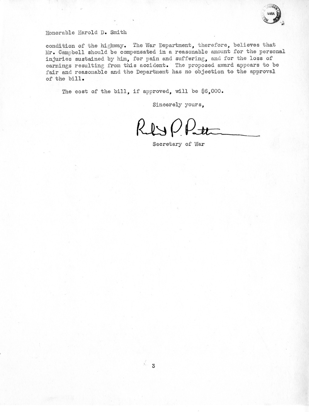 Memorandum from Frederick J. Bailey to M. C. Latta, H. R. 3904, For the Relief of Raymond C. Campbell, with Attachments