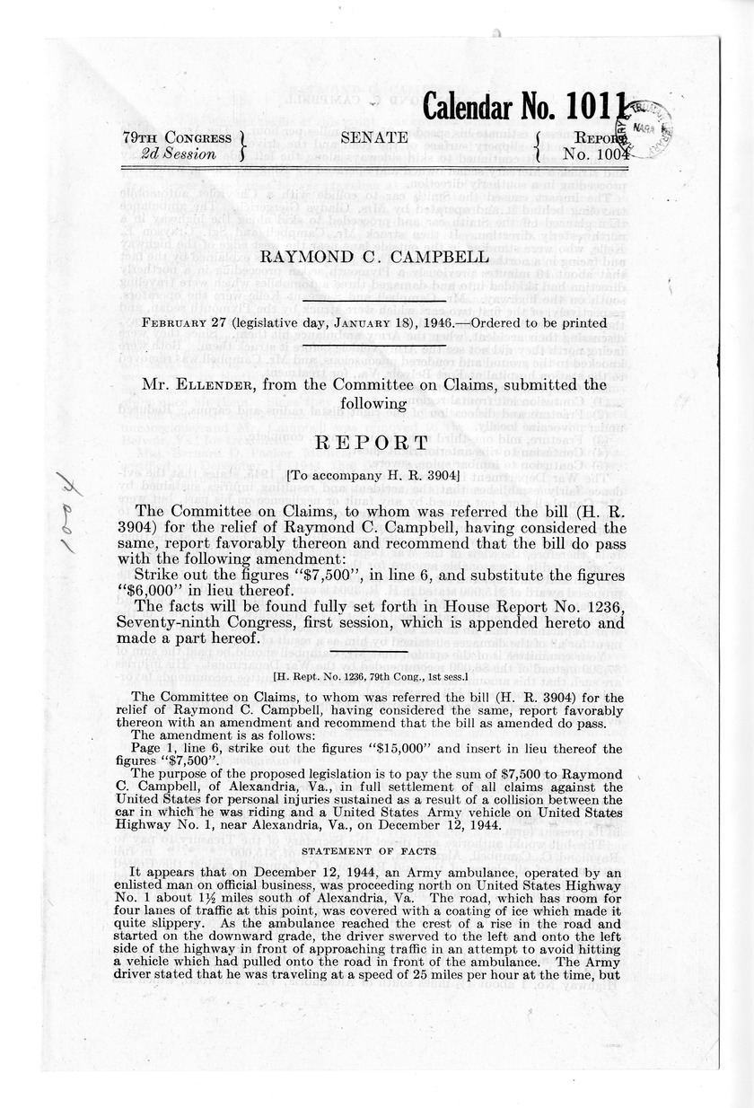 Memorandum from Frederick J. Bailey to M. C. Latta, H. R. 3904, For the Relief of Raymond C. Campbell, with Attachments