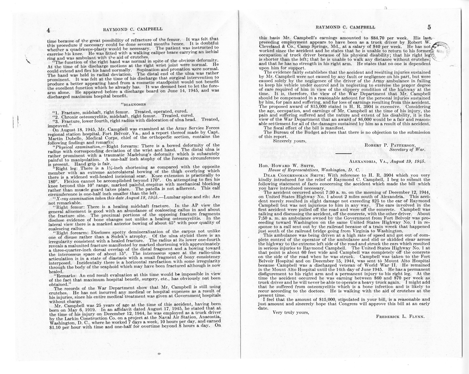 Memorandum from Frederick J. Bailey to M. C. Latta, H. R. 3904, For the Relief of Raymond C. Campbell, with Attachments