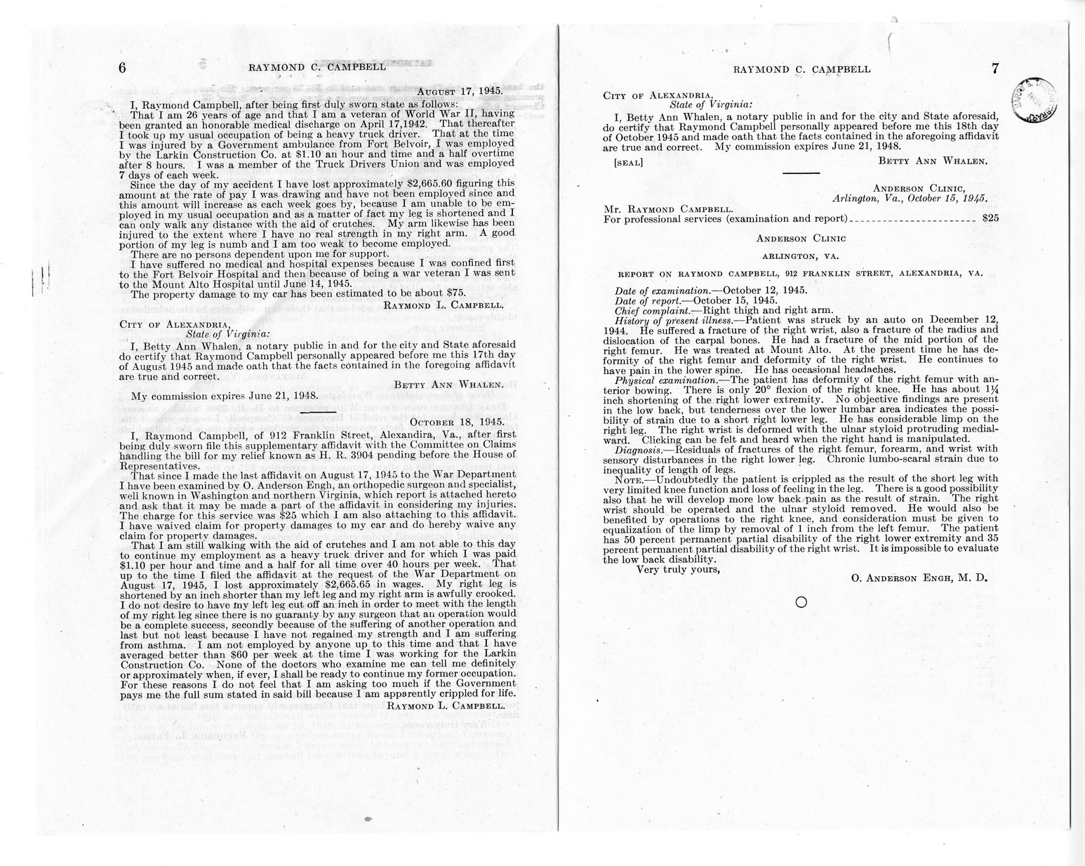 Memorandum from Frederick J. Bailey to M. C. Latta, H. R. 3904, For the Relief of Raymond C. Campbell, with Attachments