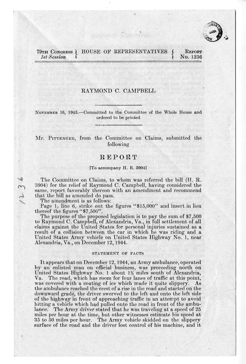 Memorandum from Frederick J. Bailey to M. C. Latta, H. R. 3904, For the Relief of Raymond C. Campbell, with Attachments