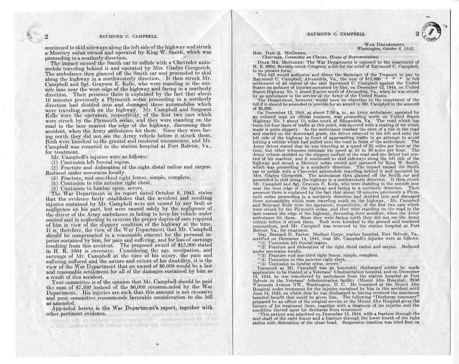 Memorandum from Frederick J. Bailey to M. C. Latta, H. R. 3904, For the Relief of Raymond C. Campbell, with Attachments