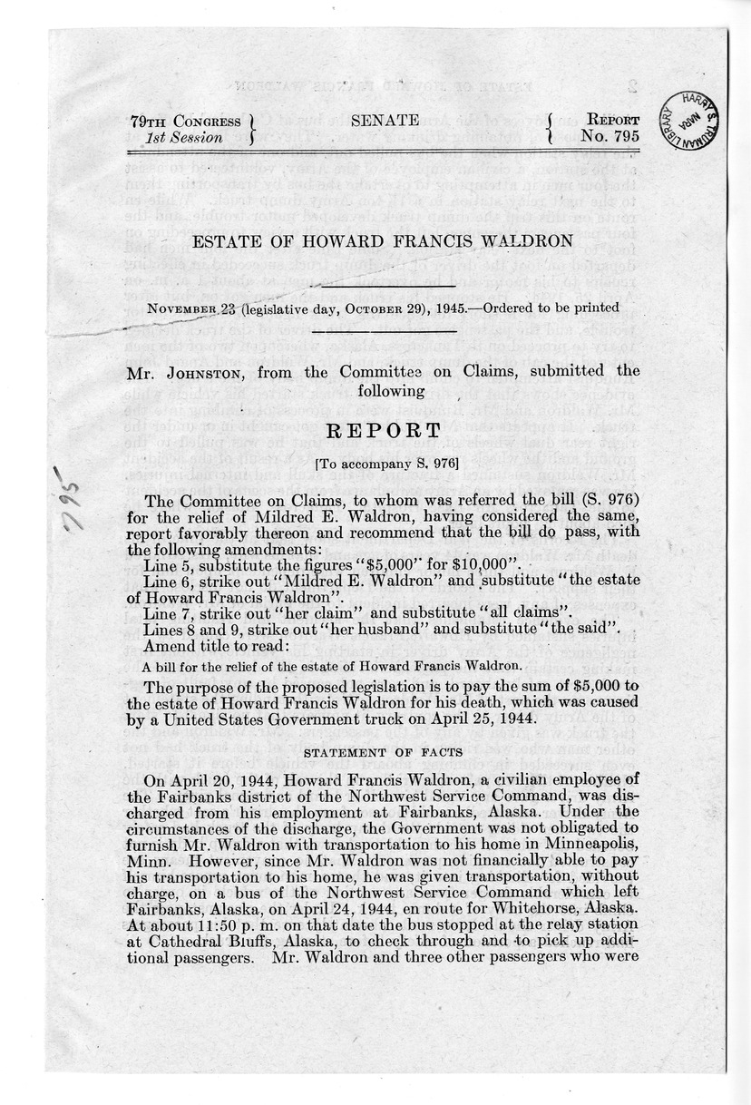 Memorandum from Frederick J. Bailey to M. C. Latta, S. 976, For the Relief of the Estate of Howard Francis Waldron, with Attachments