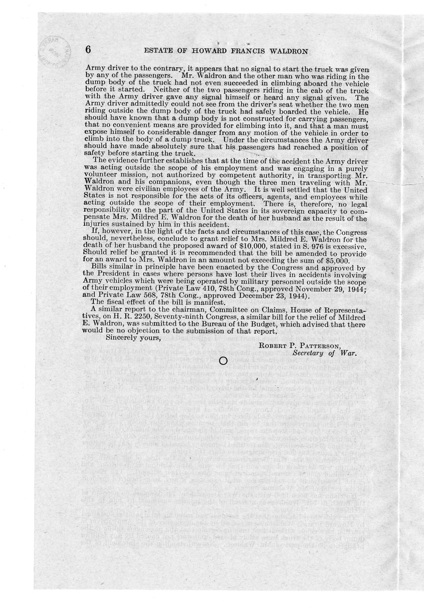 Memorandum from Frederick J. Bailey to M. C. Latta, S. 976, For the Relief of the Estate of Howard Francis Waldron, with Attachments