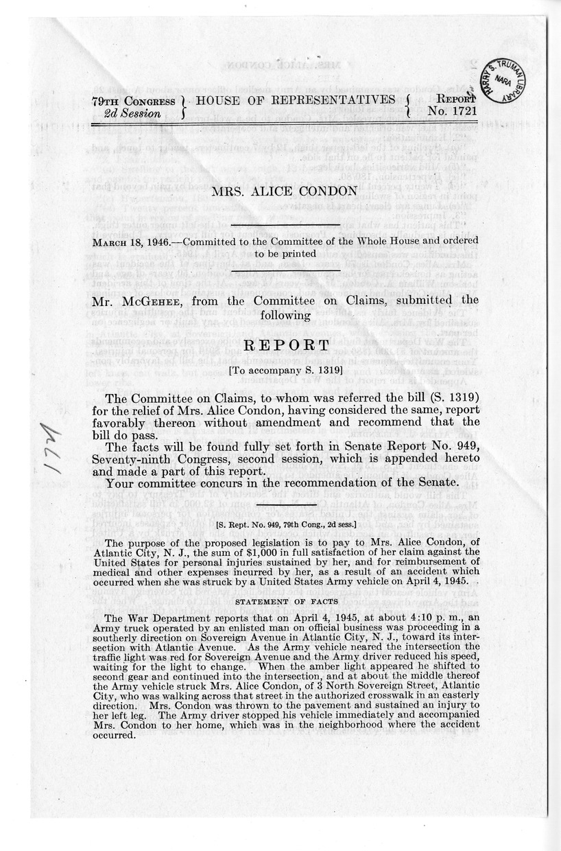 Memorandum from Frederick J. Bailey to M. C. Latta, S. 1319, For the Relief of Mrs. Alice Condon, with Attachments