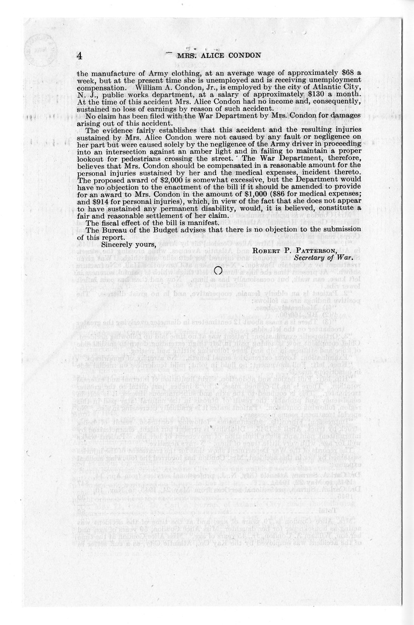 Memorandum from Frederick J. Bailey to M. C. Latta, S. 1319, For the Relief of Mrs. Alice Condon, with Attachments