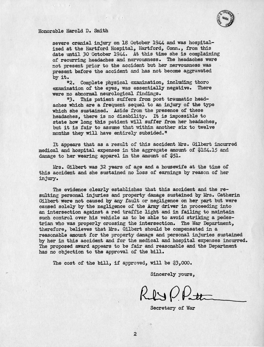 Memorandum from Frederick J. Bailey to M. C. Latta, S. 1609, For the Relief of Catherin Gilbert, with Attachments