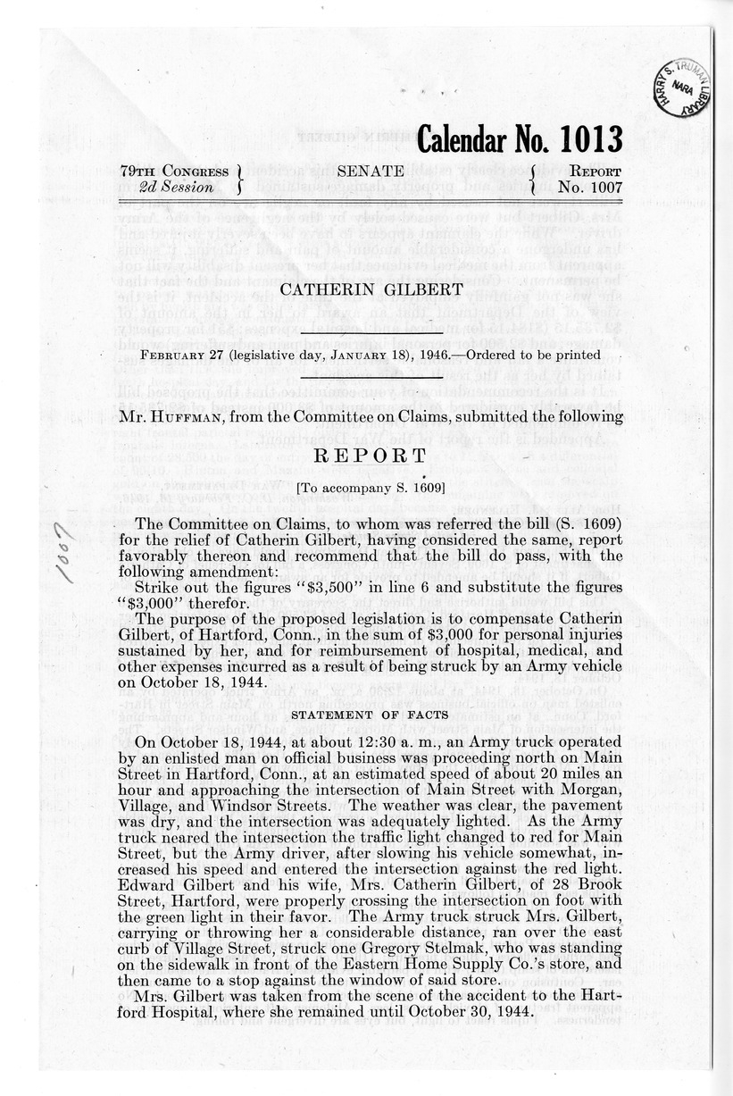 Memorandum from Frederick J. Bailey to M. C. Latta, S. 1609, For the Relief of Catherin Gilbert, with Attachments