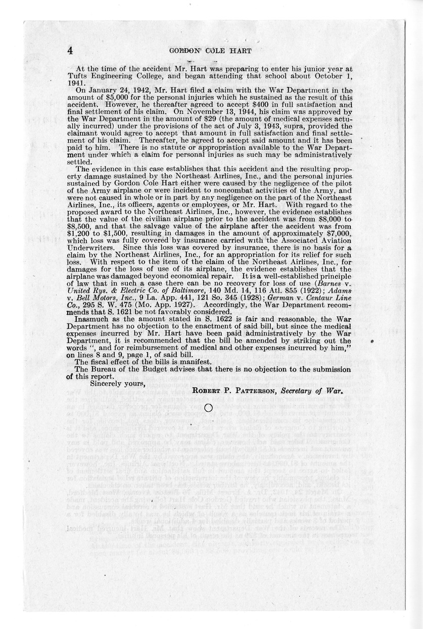 Memorandum from Frederick J. Bailey to M. C. Latta, S. 1622, For the Relief of Gordon Cole Hart, with Attachments