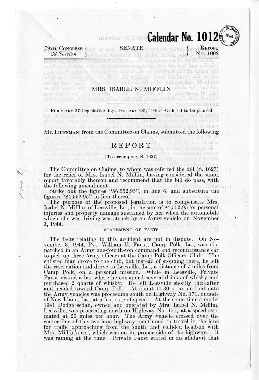 Memorandum from Frederick J. Bailey to M. C. Latta, S. 1627, For the Relief of Mrs. Isabel N. Mifflin, with Attachments