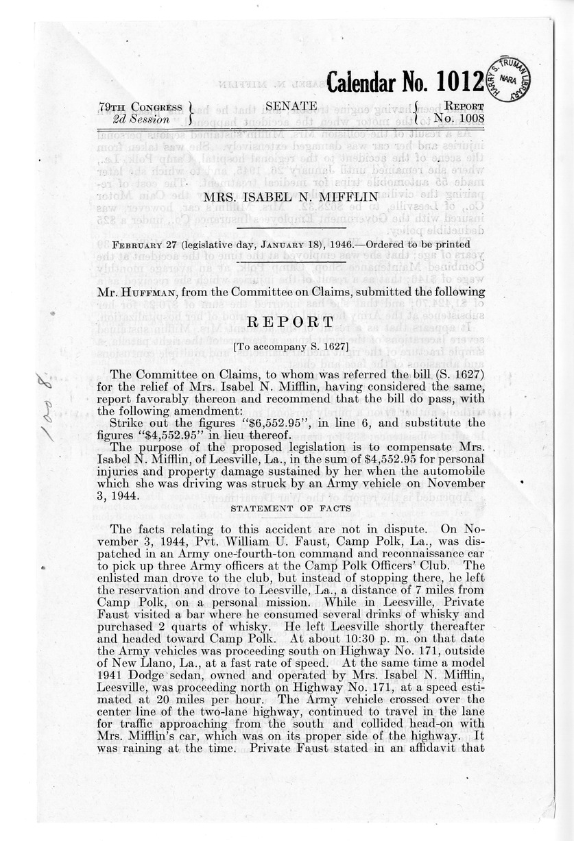 Memorandum from Frederick J. Bailey to M. C. Latta, S. 1627, For the Relief of Mrs. Isabel N. Mifflin, with Attachments