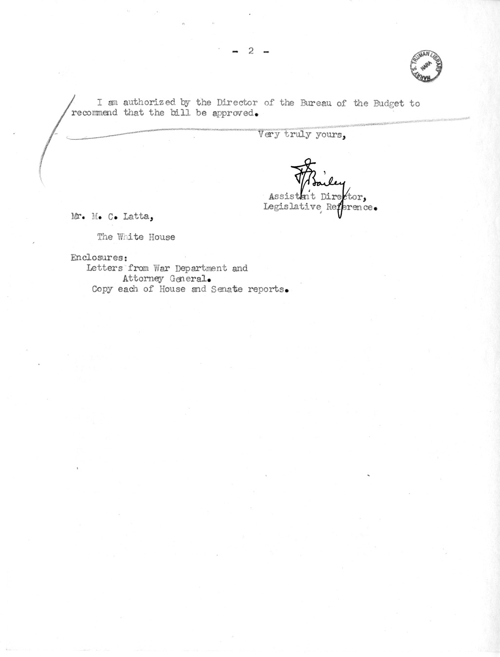 Memorandum from Frederick J. Bailey to M. C. Latta, S. 1184, For the Relief of A. L. Clem and Ida M. Bryant, with Attachments