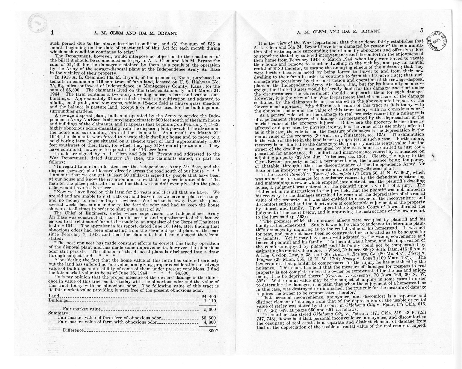 Memorandum from Frederick J. Bailey to M. C. Latta, S. 1184, For the Relief of A. L. Clem and Ida M. Bryant, with Attachments