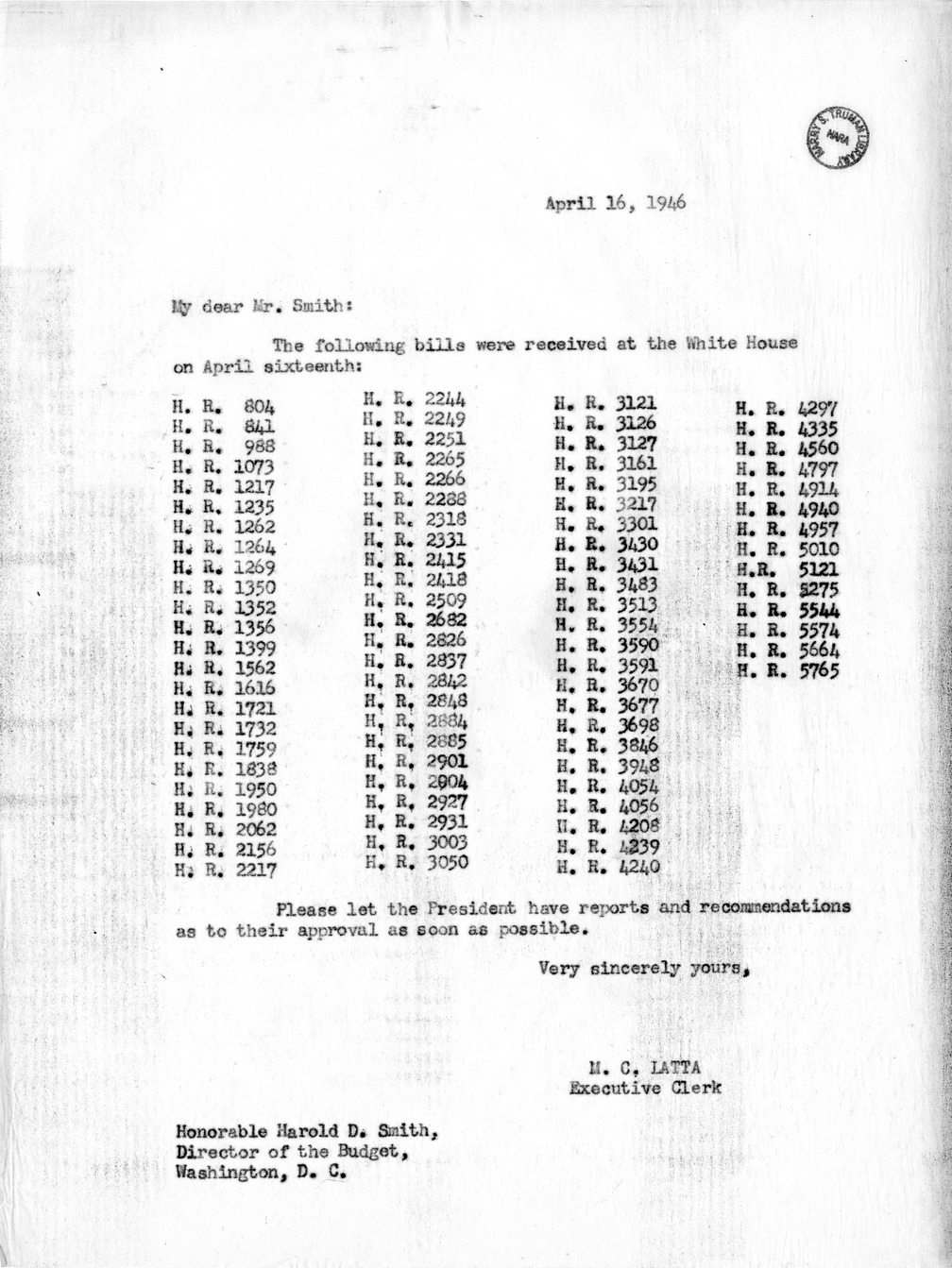 Memorandum from M.C. Latta to Harold D. Smith