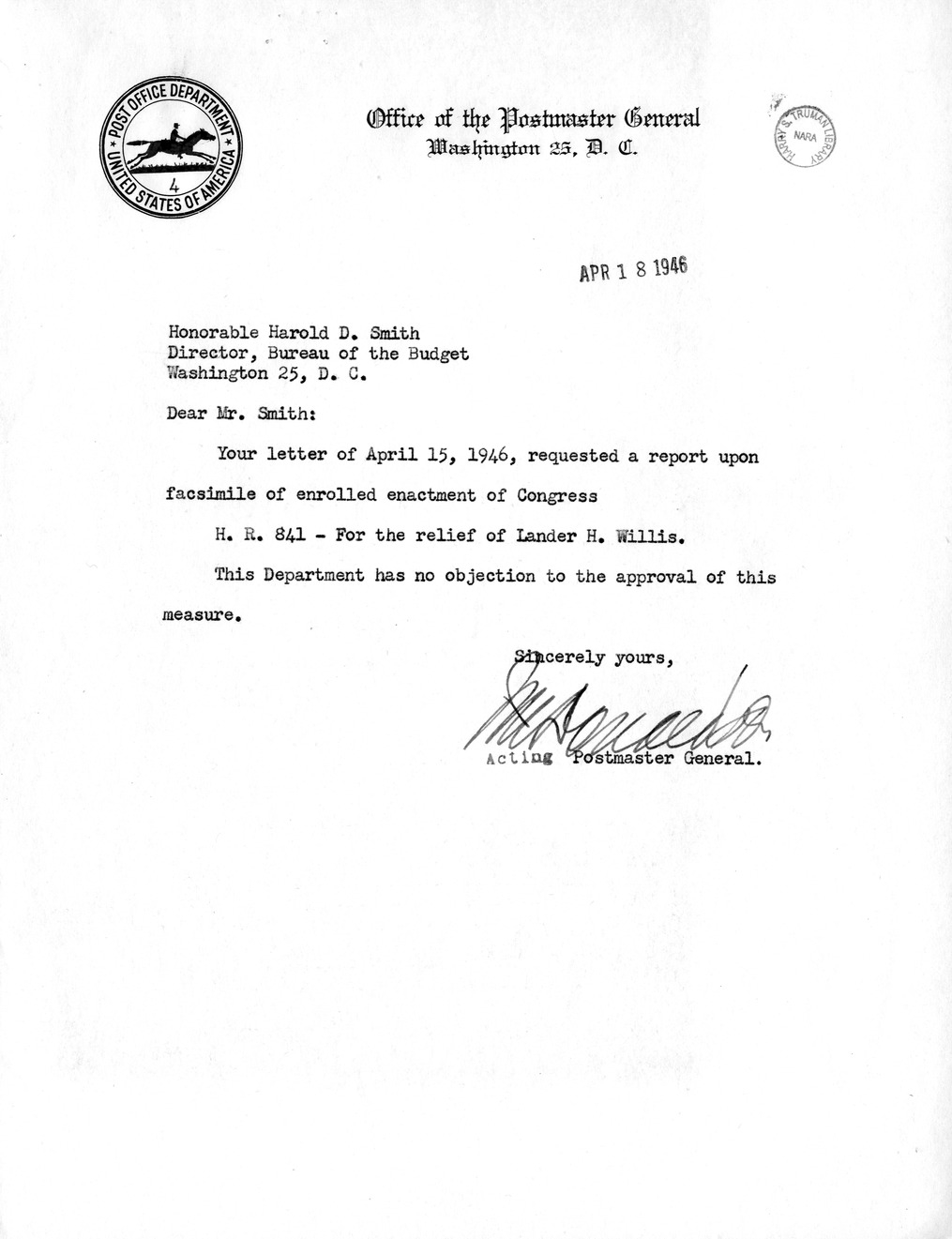 Memorandum from Frederick J. Bailey to M. C. Latta, H. R. 841, For the Relief of Lander H. Willis, with Attachments