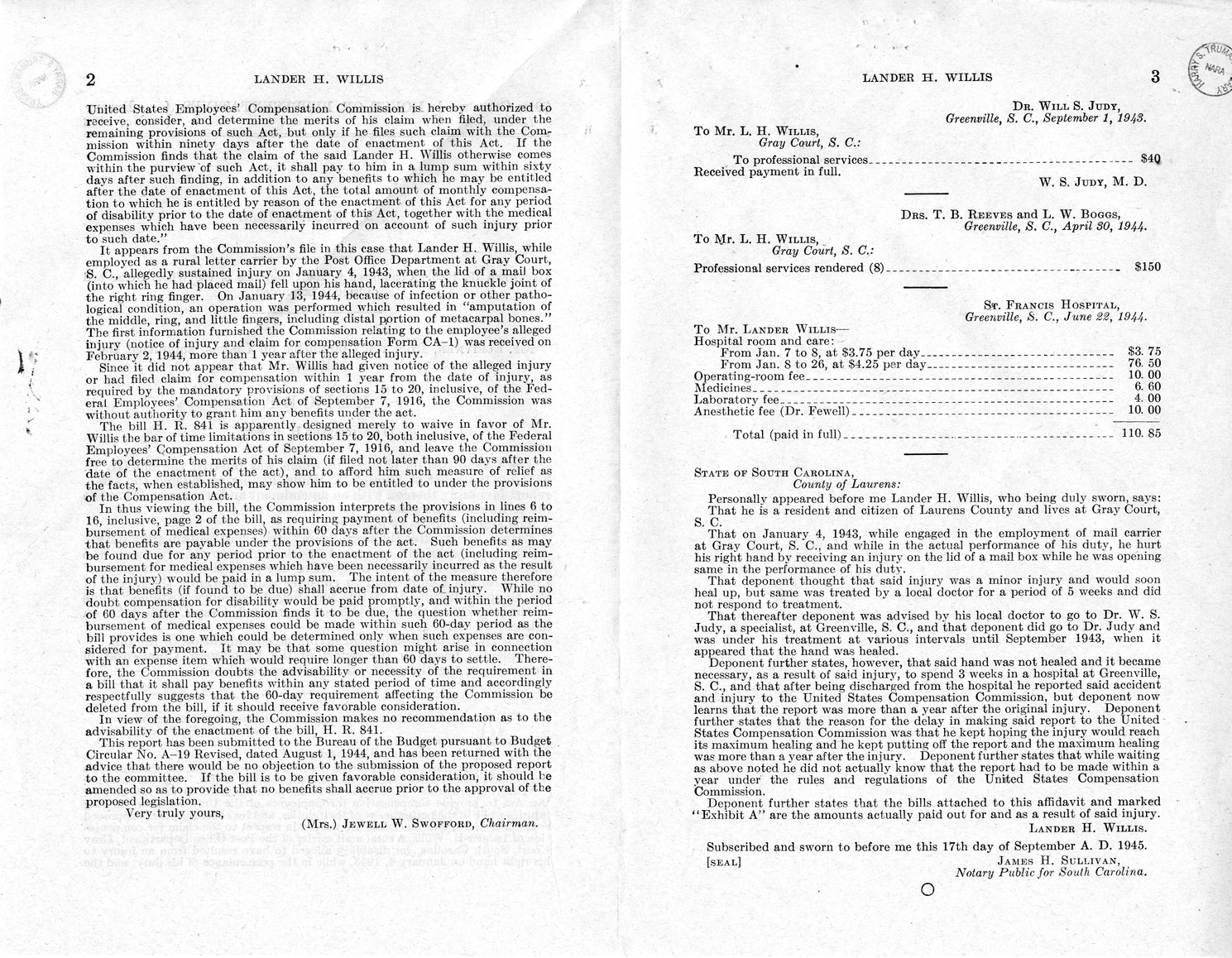 Memorandum from Frederick J. Bailey to M. C. Latta, H. R. 841, For the Relief of Lander H. Willis, with Attachments