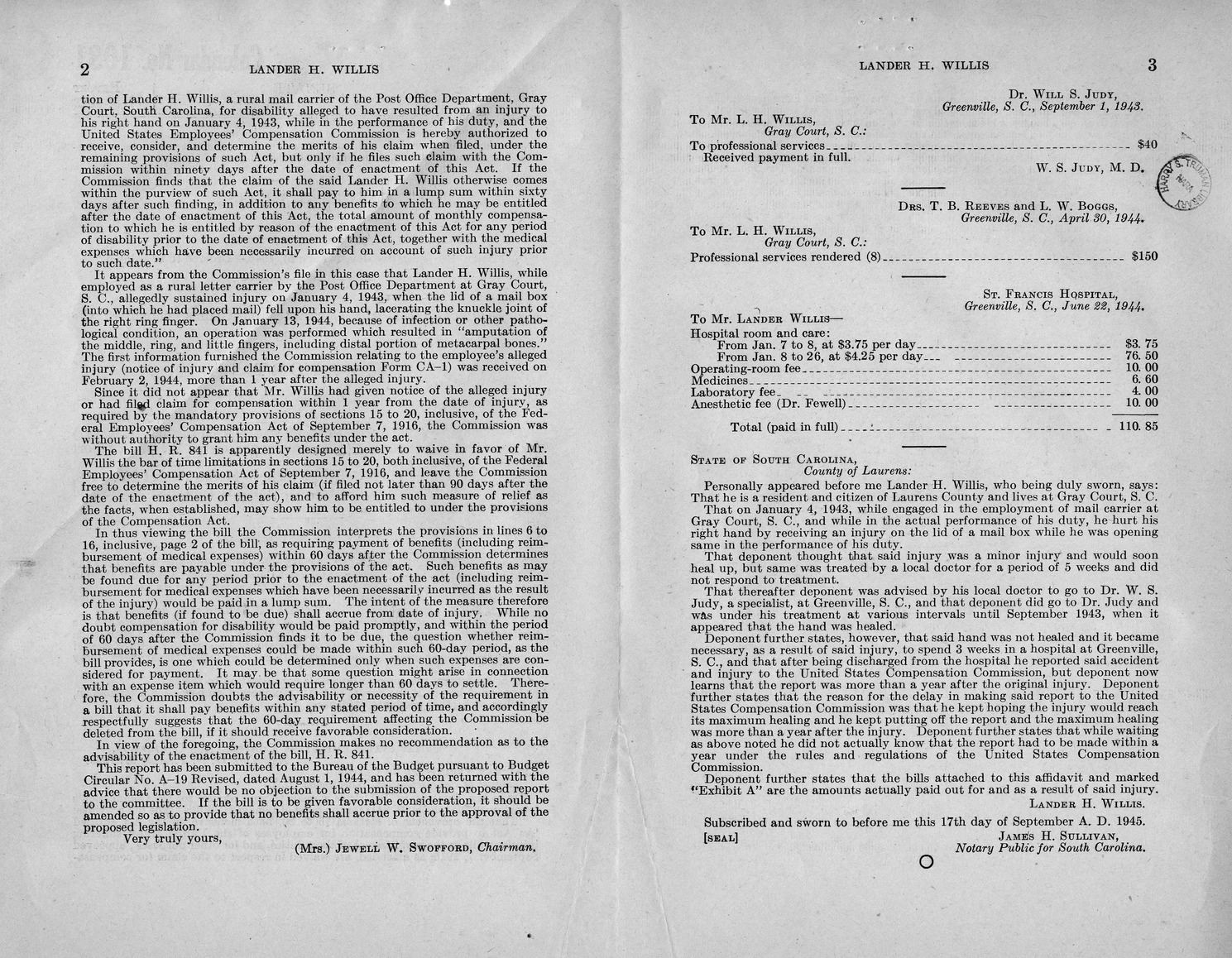 Memorandum from Frederick J. Bailey to M. C. Latta, H. R. 841, For the Relief of Lander H. Willis, with Attachments