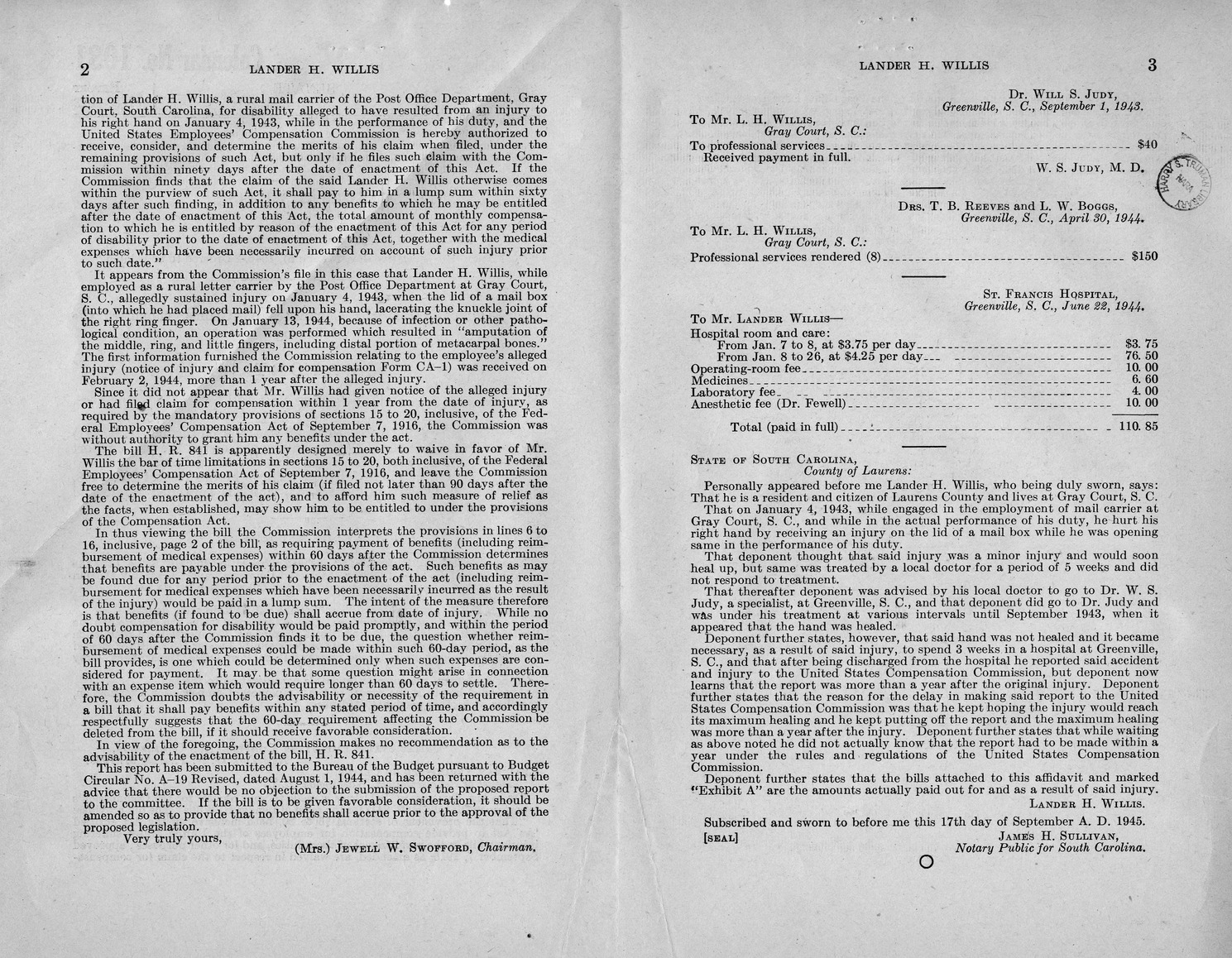 Memorandum from Frederick J. Bailey to M. C. Latta, H. R. 841, For the Relief of Lander H. Willis, with Attachments