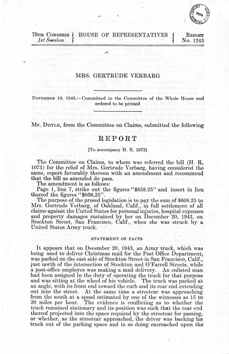 Memorandum from Frederick J. Bailey to M. C. Latta, H. R. 1073, For the Relief of Mrs. Gertrude Verbarg, with Attachments