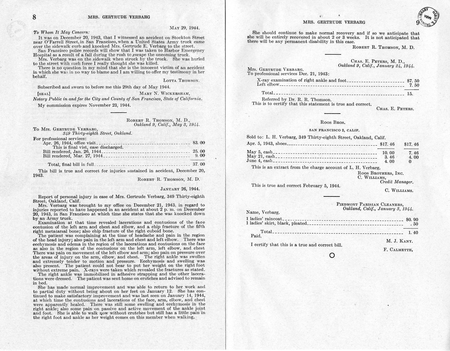 Memorandum from Frederick J. Bailey to M. C. Latta, H. R. 1073, For the Relief of Mrs. Gertrude Verbarg, with Attachments