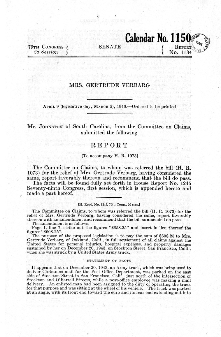 Memorandum from Frederick J. Bailey to M. C. Latta, H. R. 1073, For the Relief of Mrs. Gertrude Verbarg, with Attachments