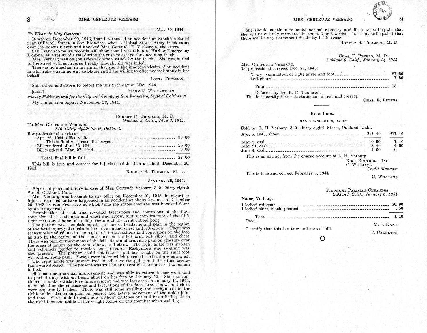 Memorandum from Frederick J. Bailey to M. C. Latta, H. R. 1073, For the Relief of Mrs. Gertrude Verbarg, with Attachments