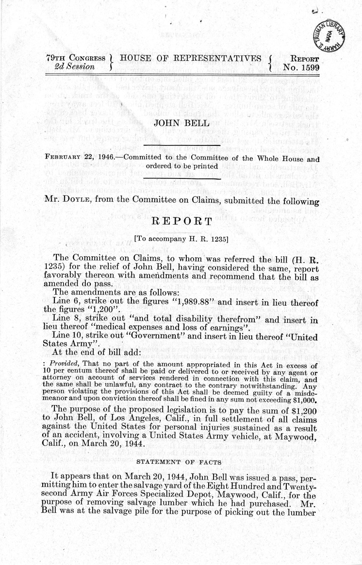 Memorandum from Frederick J. Bailey to M. C. Latta, H. R. 1235, For the Relief of John Bell, with Attachments