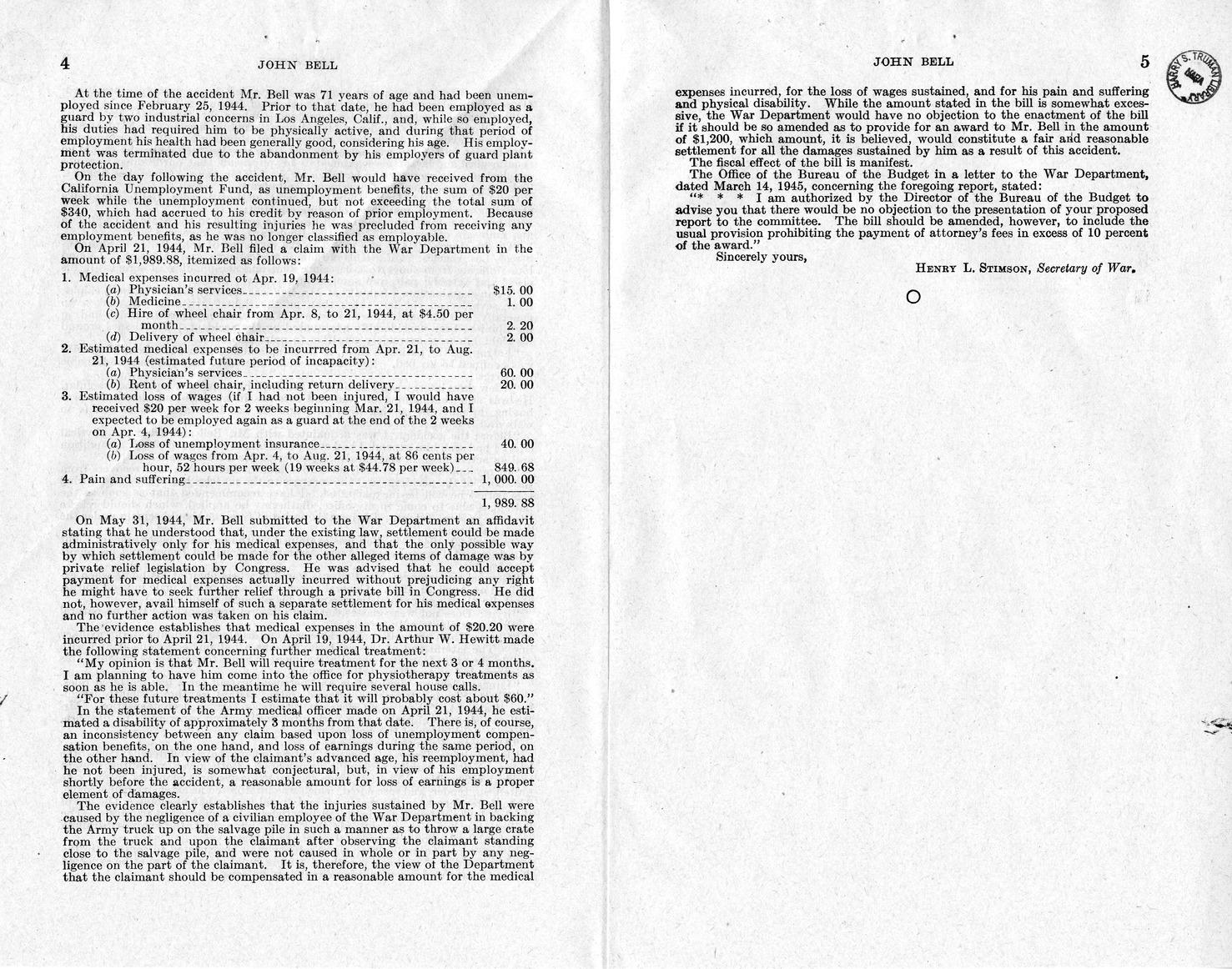 Memorandum from Frederick J. Bailey to M. C. Latta, H. R. 1235, For the Relief of John Bell, with Attachments