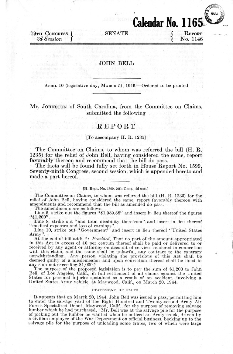 Memorandum from Frederick J. Bailey to M. C. Latta, H. R. 1235, For the Relief of John Bell, with Attachments