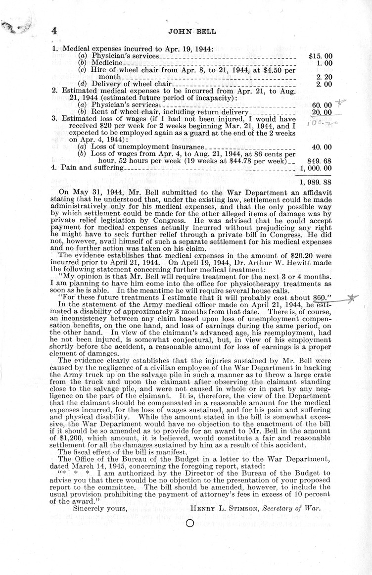 Memorandum from Frederick J. Bailey to M. C. Latta, H. R. 1235, For the Relief of John Bell, with Attachments