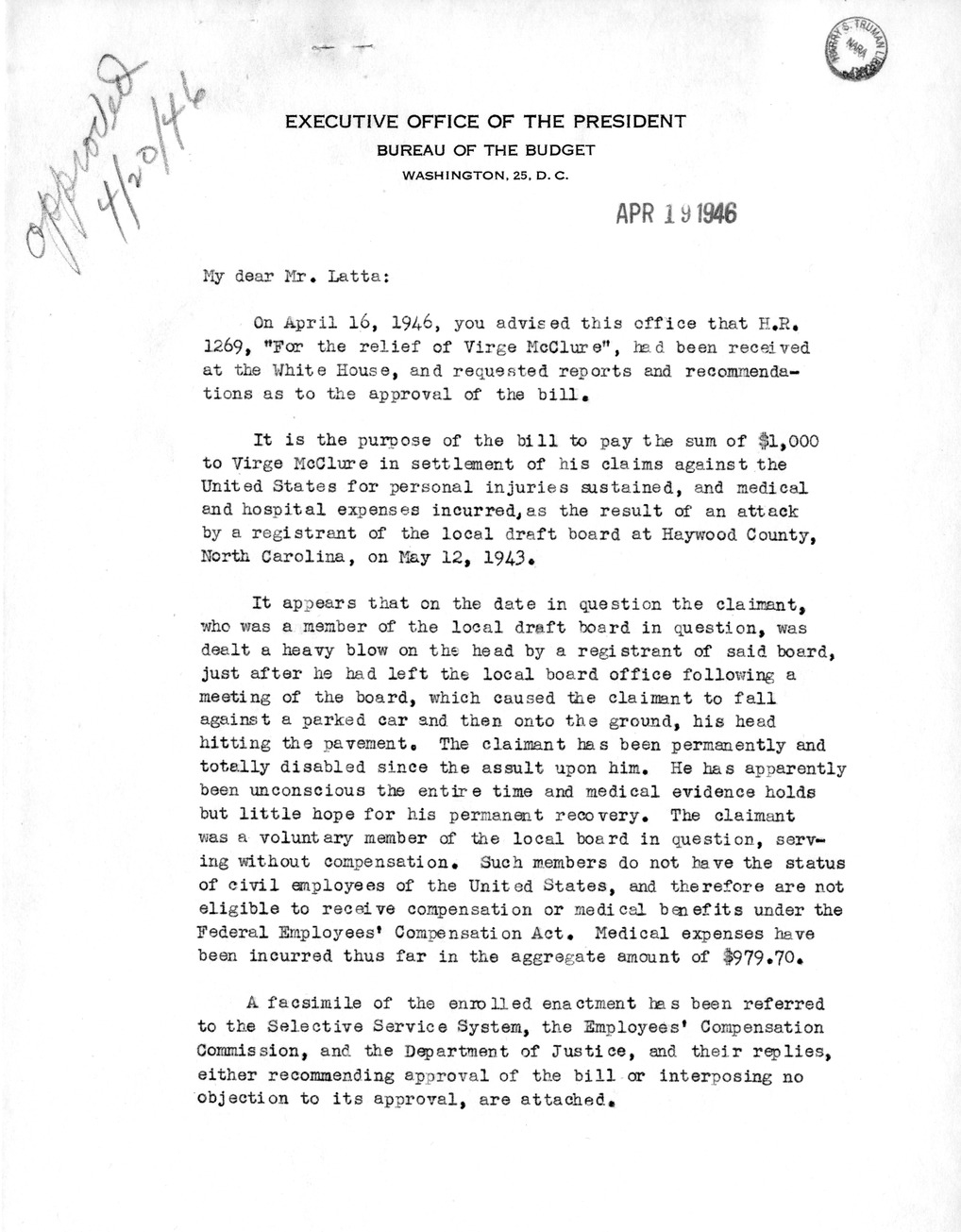 Memorandum from Frederick J. Bailey to M. C. Latta, H. R. 1269, For the Relief of Virge McClure, with Attachments
