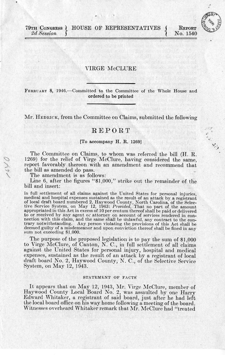 Memorandum from Frederick J. Bailey to M. C. Latta, H. R. 1269, For the Relief of Virge McClure, with Attachments
