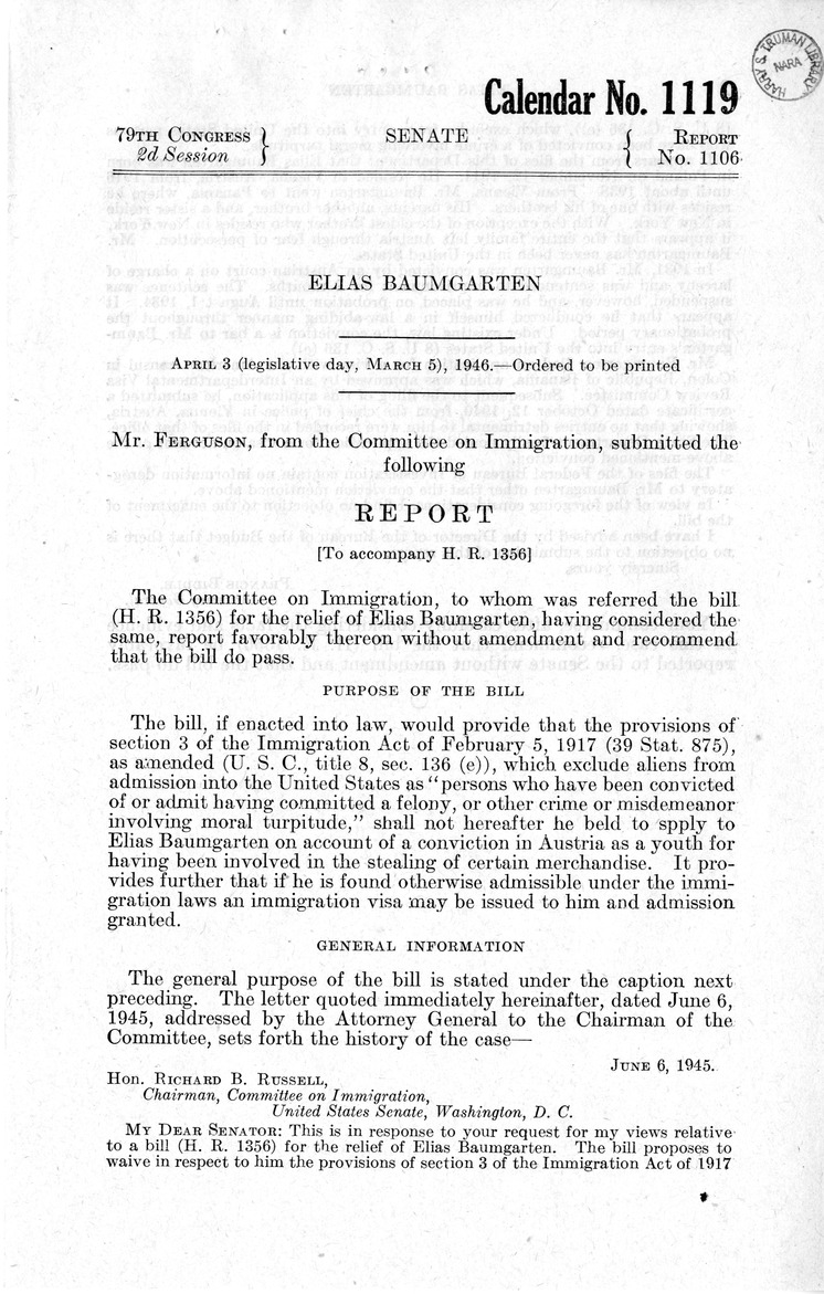 Memorandum from Frederick J. Bailey to M. C. Latta, H. R. 1356, For the Relief of Elias Baumgarten, with Attachments