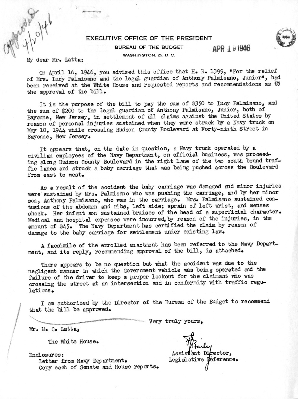 Memorandum from Frederick J. Bailey to M. C. Latta, H. R. 1399, For the Relief of Mrs. Lucy Palmisano and the Legal Guardian of Anthony Palmisano, Junior, with Attachments