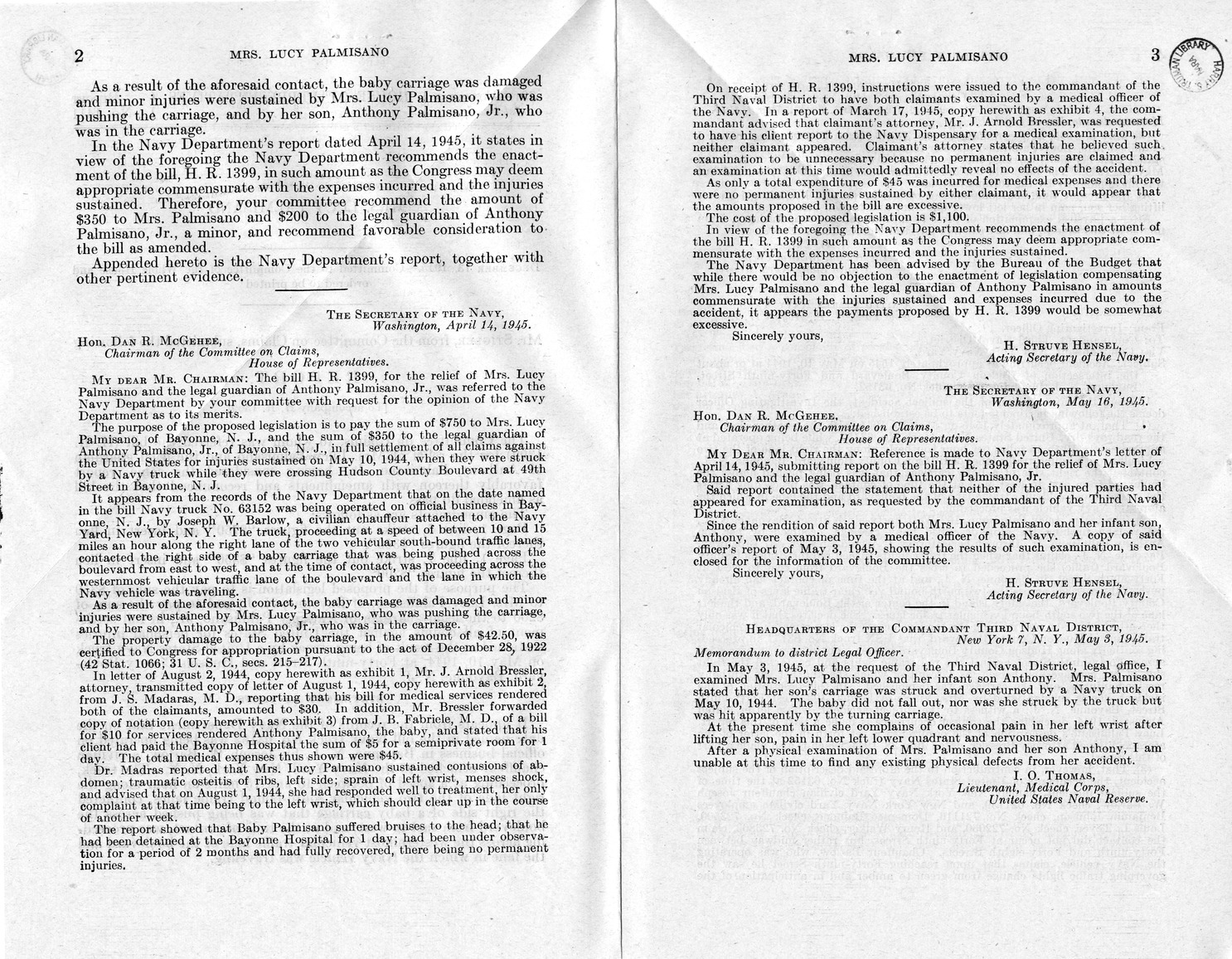 Memorandum from Frederick J. Bailey to M. C. Latta, H. R. 1399, For the Relief of Mrs. Lucy Palmisano and the Legal Guardian of Anthony Palmisano, Junior, with Attachments