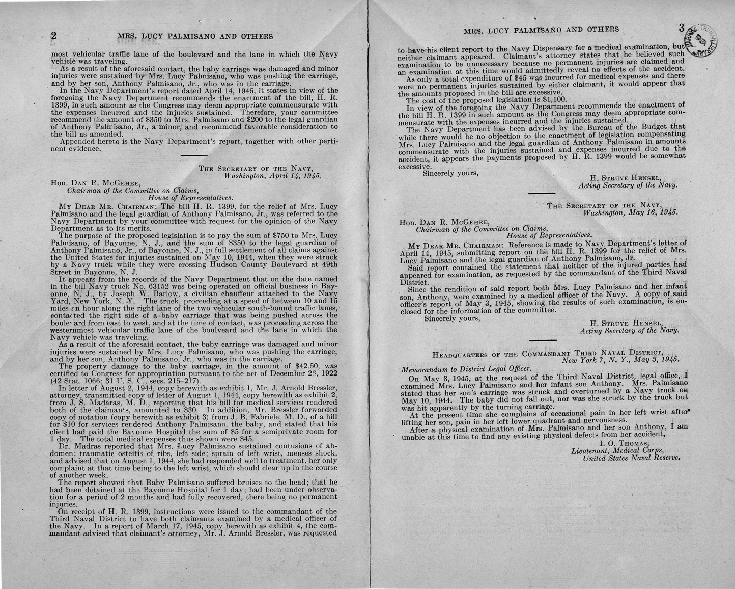 Memorandum from Frederick J. Bailey to M. C. Latta, H. R. 1399, For the Relief of Mrs. Lucy Palmisano and the Legal Guardian of Anthony Palmisano, Junior, with Attachments