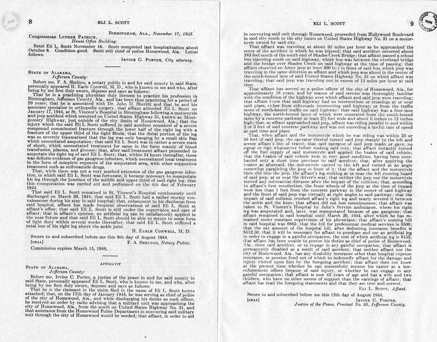 Memorandum from Frederick J. Bailey to M. C. Latta, H. R. 1721, For the Relief of Eli L. Scott, with Attachments