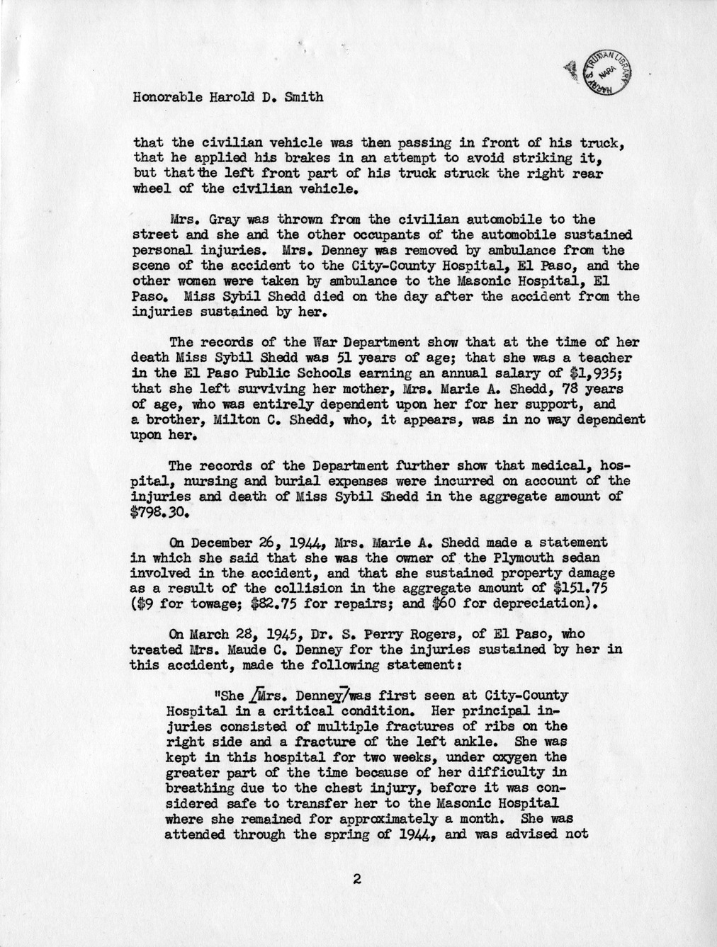 Memorandum from Frederick J. Bailey to M. C. Latta, H. R. 1732, For the Relief of Mrs. Marie A. Shedd, Mrs. Maude C. Denny, and Mrs. Mabel Glenn Gray, with Attachments