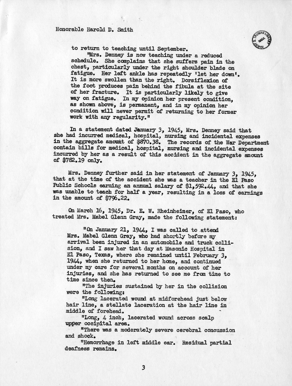 Memorandum from Frederick J. Bailey to M. C. Latta, H. R. 1732, For the Relief of Mrs. Marie A. Shedd, Mrs. Maude C. Denny, and Mrs. Mabel Glenn Gray, with Attachments