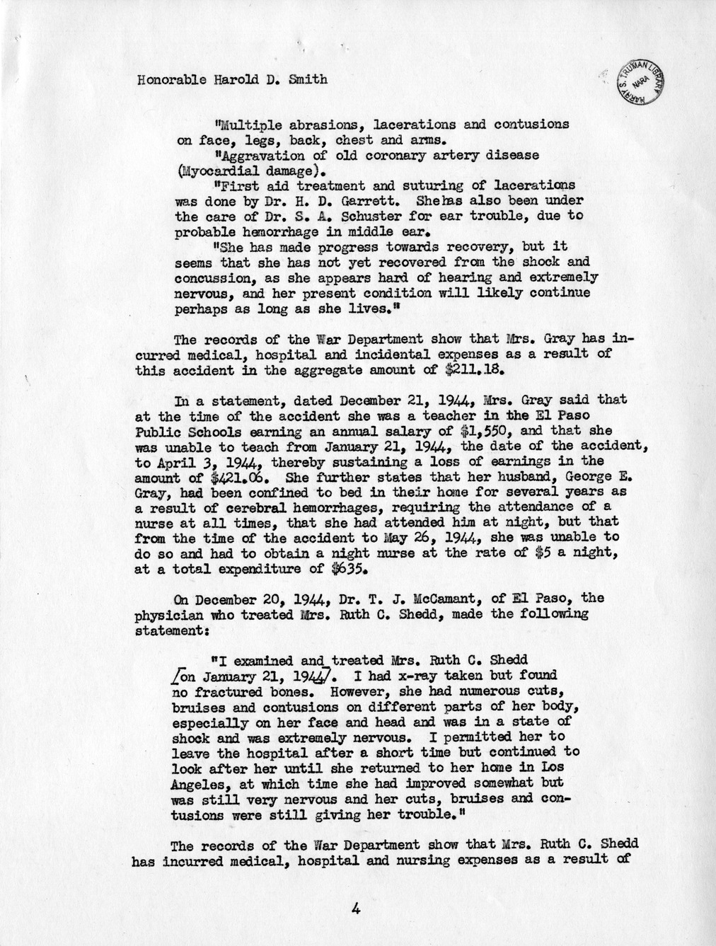 Memorandum from Frederick J. Bailey to M. C. Latta, H. R. 1732, For the Relief of Mrs. Marie A. Shedd, Mrs. Maude C. Denny, and Mrs. Mabel Glenn Gray, with Attachments