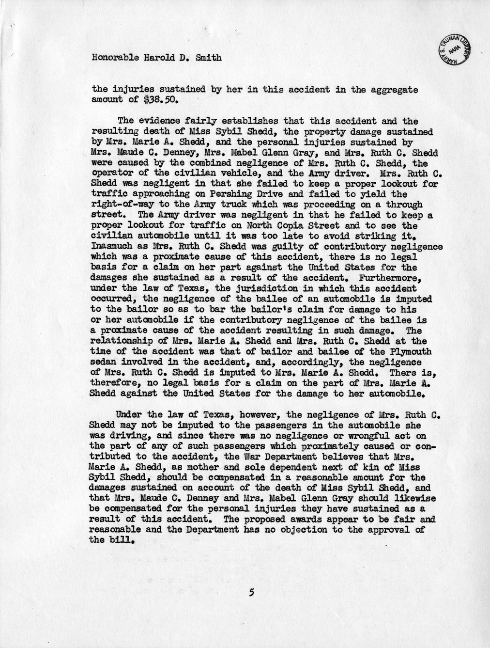 Memorandum from Frederick J. Bailey to M. C. Latta, H. R. 1732, For the Relief of Mrs. Marie A. Shedd, Mrs. Maude C. Denny, and Mrs. Mabel Glenn Gray, with Attachments