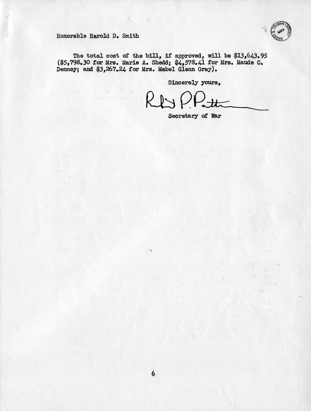 Memorandum from Frederick J. Bailey to M. C. Latta, H. R. 1732, For the Relief of Mrs. Marie A. Shedd, Mrs. Maude C. Denny, and Mrs. Mabel Glenn Gray, with Attachments