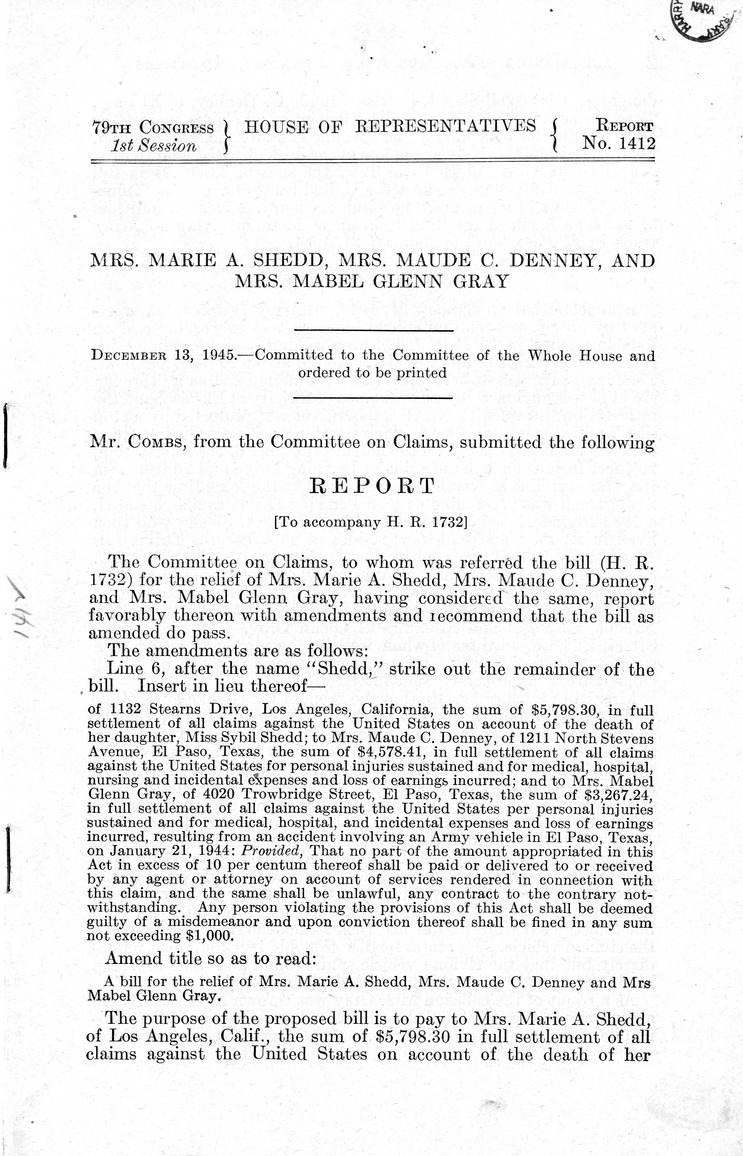 Memorandum from Frederick J. Bailey to M. C. Latta, H. R. 1732, For the Relief of Mrs. Marie A. Shedd, Mrs. Maude C. Denny, and Mrs. Mabel Glenn Gray, with Attachments