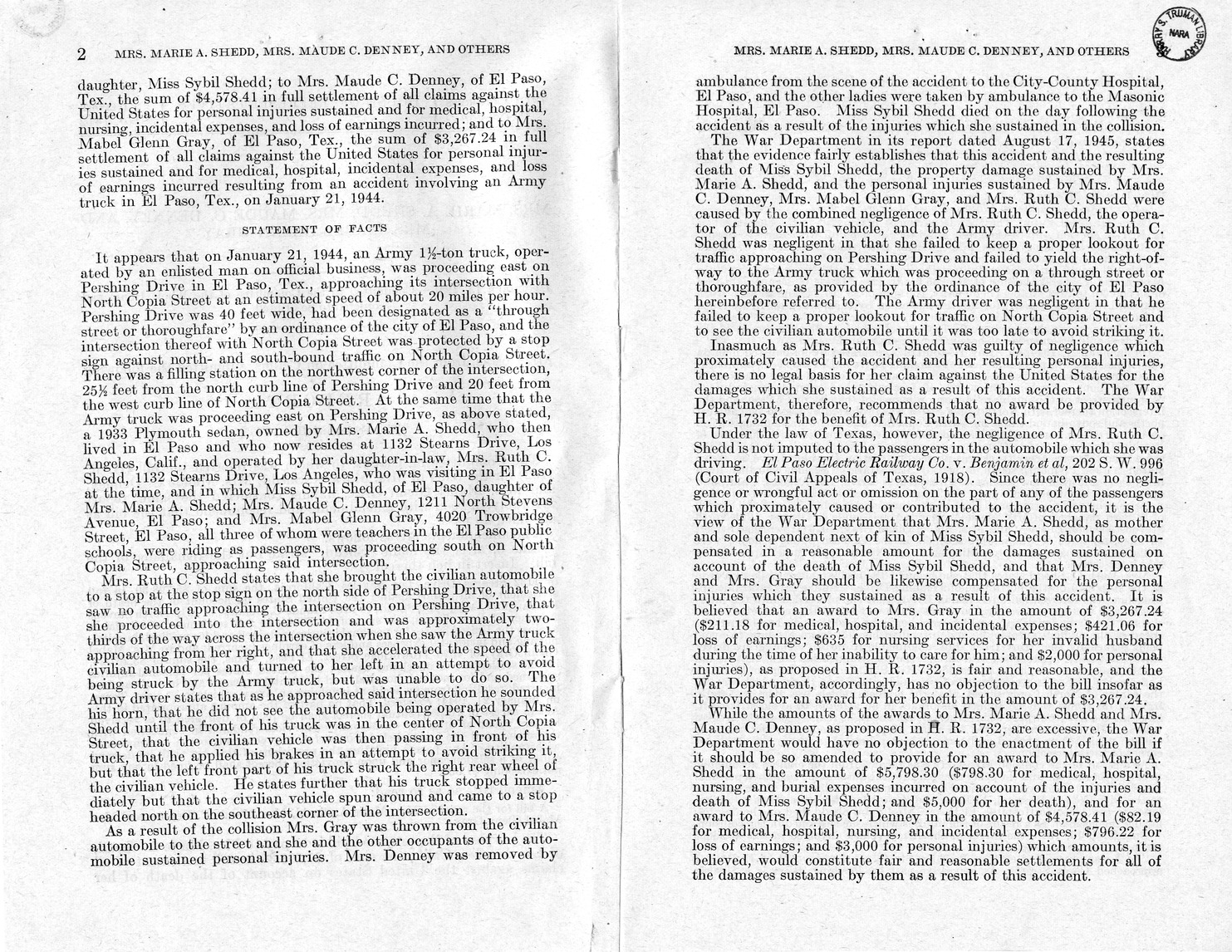 Memorandum from Frederick J. Bailey to M. C. Latta, H. R. 1732, For the Relief of Mrs. Marie A. Shedd, Mrs. Maude C. Denny, and Mrs. Mabel Glenn Gray, with Attachments